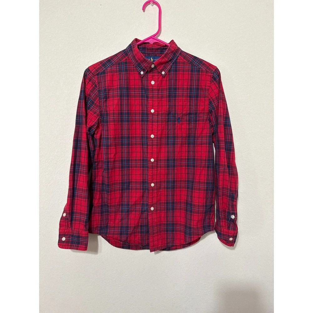 Ralph Lauren Boys‎ L 14-16 Red Blue Plaid Cotton Long Sleeve Button Down